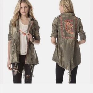 Free People Olive Camo Utility Jacket with Floral Embroidery